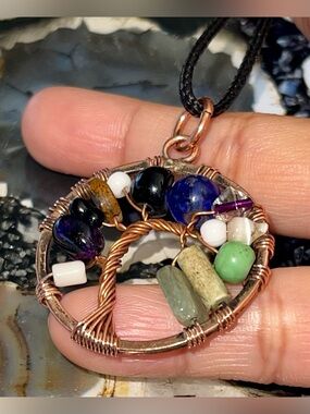 Copper Wire-Wrapped Tree of Life Amethyst & Agate Crystal Pendant 2 1/2”